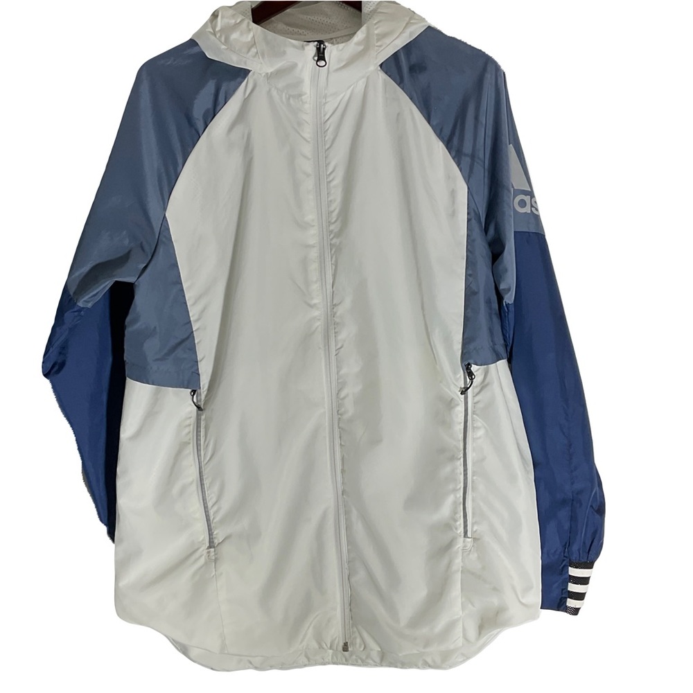 Adidas Men’s Hooded Windbreaker Zip Jacket Pockets White Shell Blue Sleeves Sz M